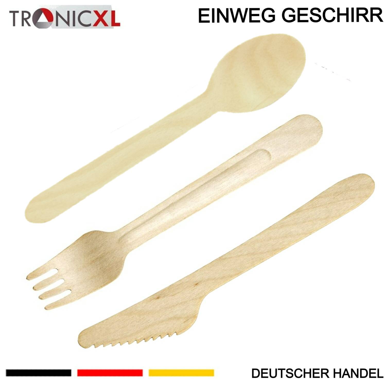 1000 x Holzgeschirr Set Löffel Gabel Messer Camping Besteck Holz Geschirr BBQ Grillen Einwegbesteck Einweg Holzbesteck