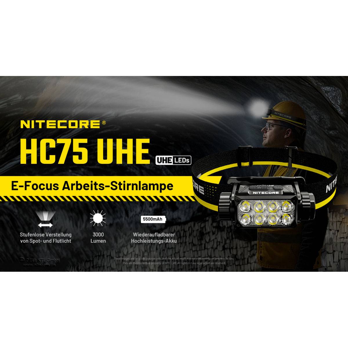 Nitecore HC75 UHE Stirnlampe mit E-Focus 3000 Lumen - Schwarz/Gelb