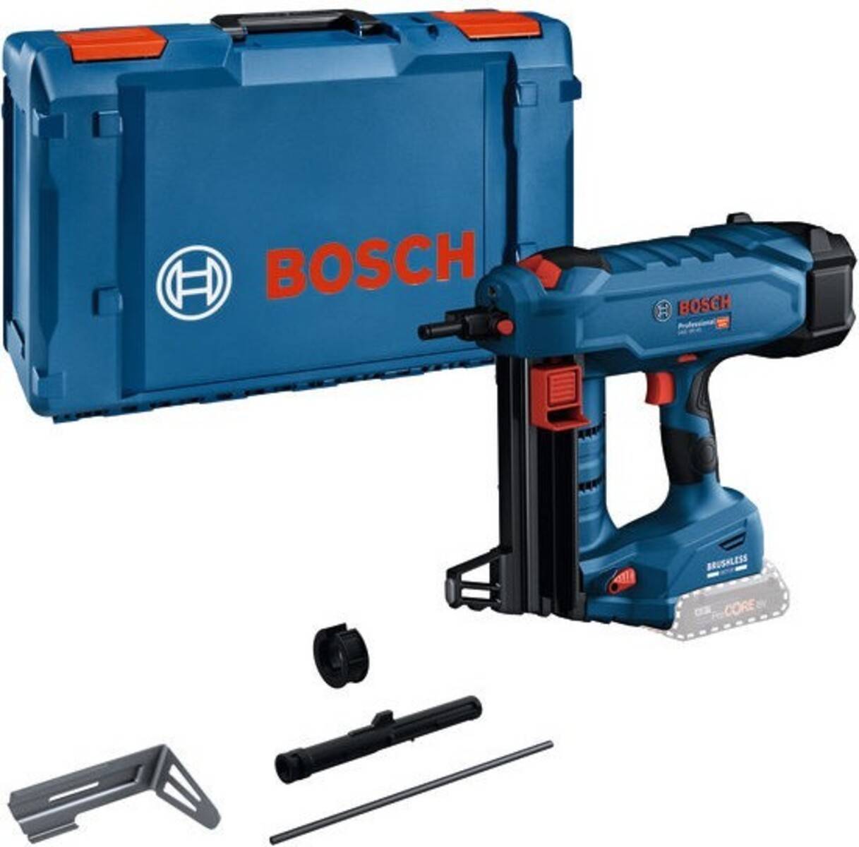 Bosch Akku-Nagelschuss mit Transportkoffer und im Lieferumfang enthaltenes Zubehör, präsentiert auf weißem Hintergrund.