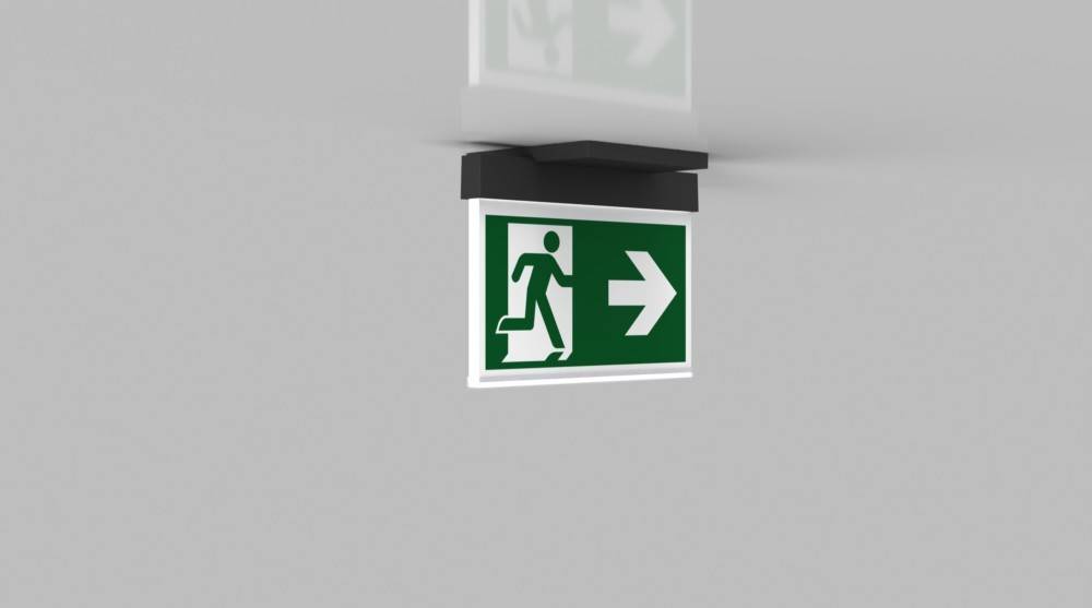 Fluchtzeichenschild mit einer laufenden Figur und einem Pfeil nach rechts, der die Richtung zum Notausgang anzeigt.
