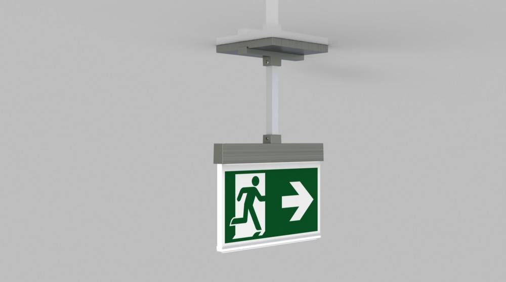 Deckenmontageschild für Notausgang mit einer laufenden Person und einem nach rechts weisenden Pfeil.