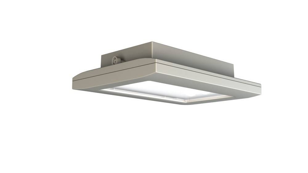 Eine an der Decke montierte quadratische LED-Leuchte mit modernem, elegantem Design, ausgestattet mit einem metallfarbenen Rahmen und einem weißen Diffusor, der die Lichtquelle abdeckt.
