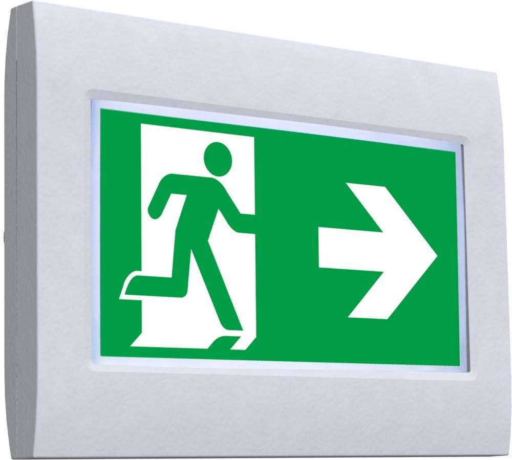 Notausgang-Schild mit einer nach rechts laufenden Person und einem Pfeil, der nach rechts zeigt und die Richtung zum Ausgang angibt.