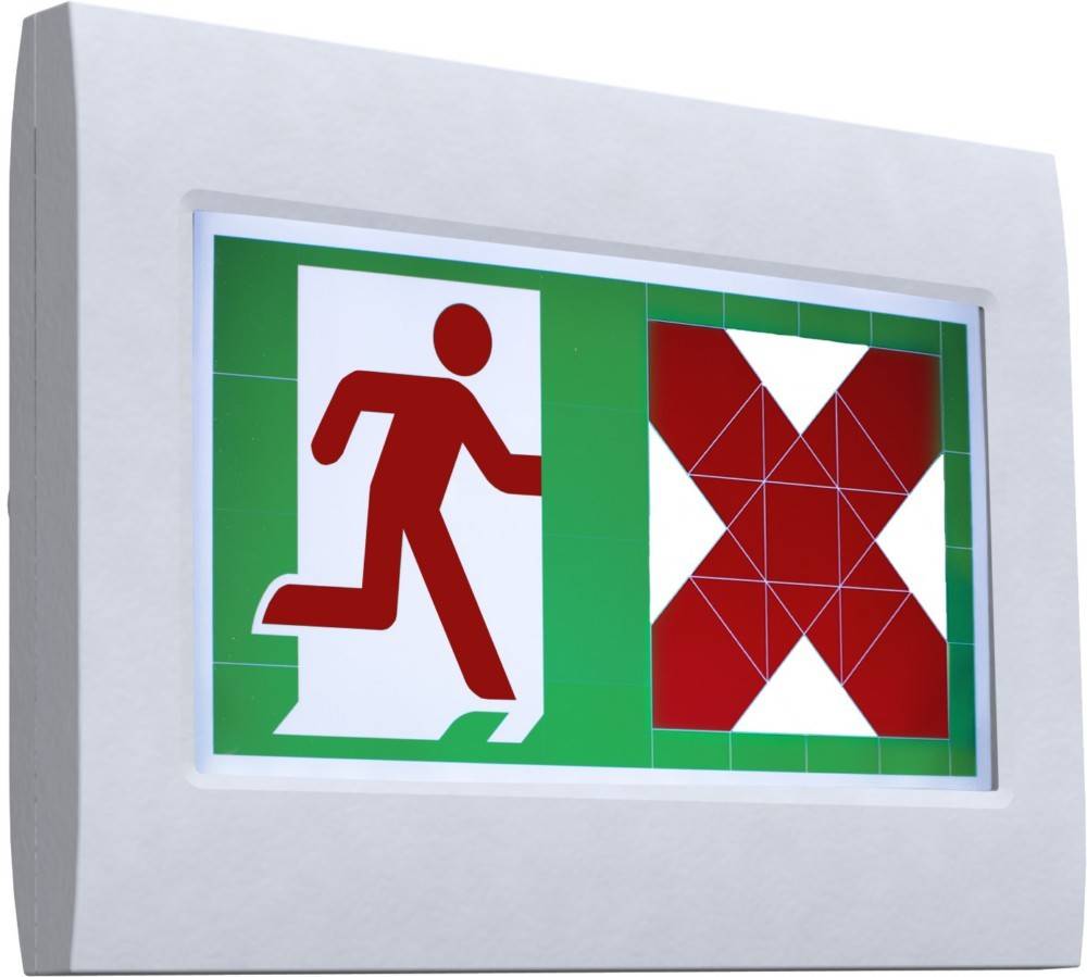 Notausgang-Schild mit einer Person, die nach links läuft, neben einem roten 'X', das eine Warnung oder einen Sperrbereich anzeigt.