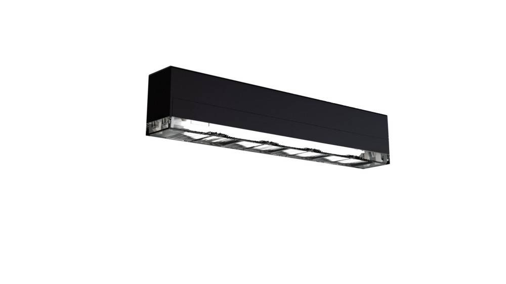 Eine schwarze lineare LED-Leuchte mit minimalistischem Design, die eine Reihe sichtbarer LED-Lichter aufweist und für moderne Innenräume geeignet ist.