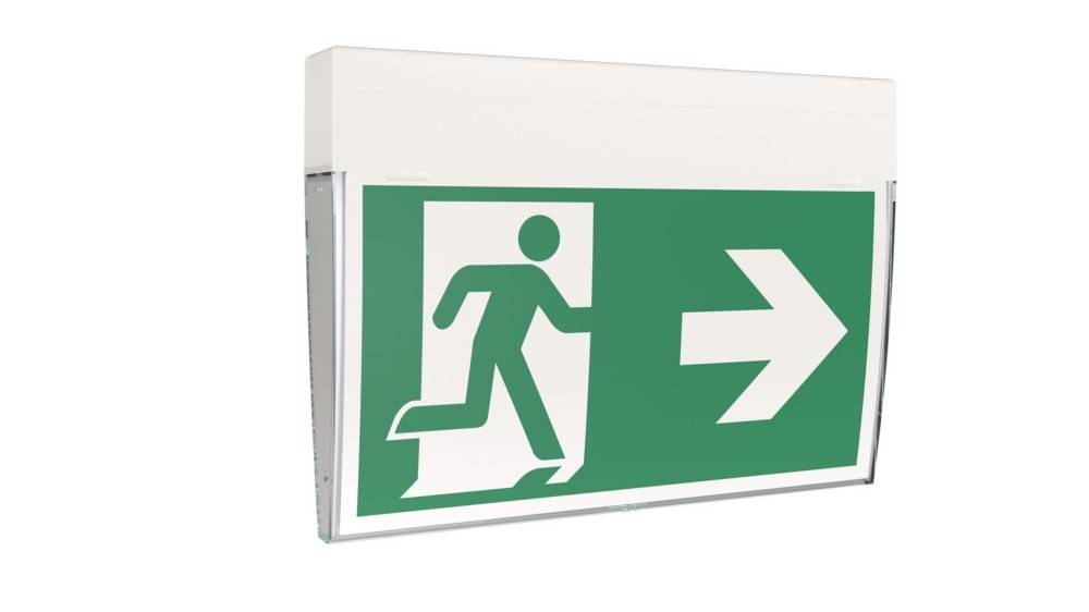 Notausgangsschild mit einer laufenden Figur und einem Pfeil, der nach rechts weist und die Richtung zur Evakuierung anzeigt.