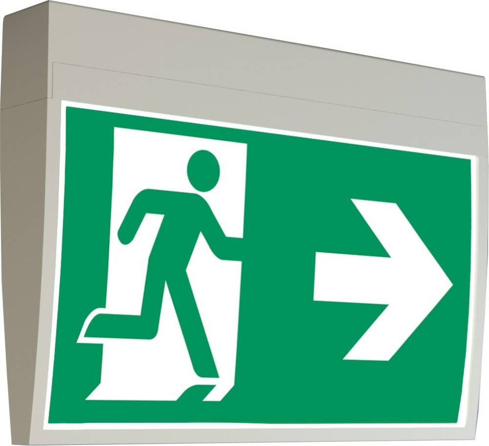 Notausgang-Schild mit einer laufenden Figur und einem nach rechts weisenden Pfeil, der die Richtung zum nächstgelegenen Ausgang anzeigt.