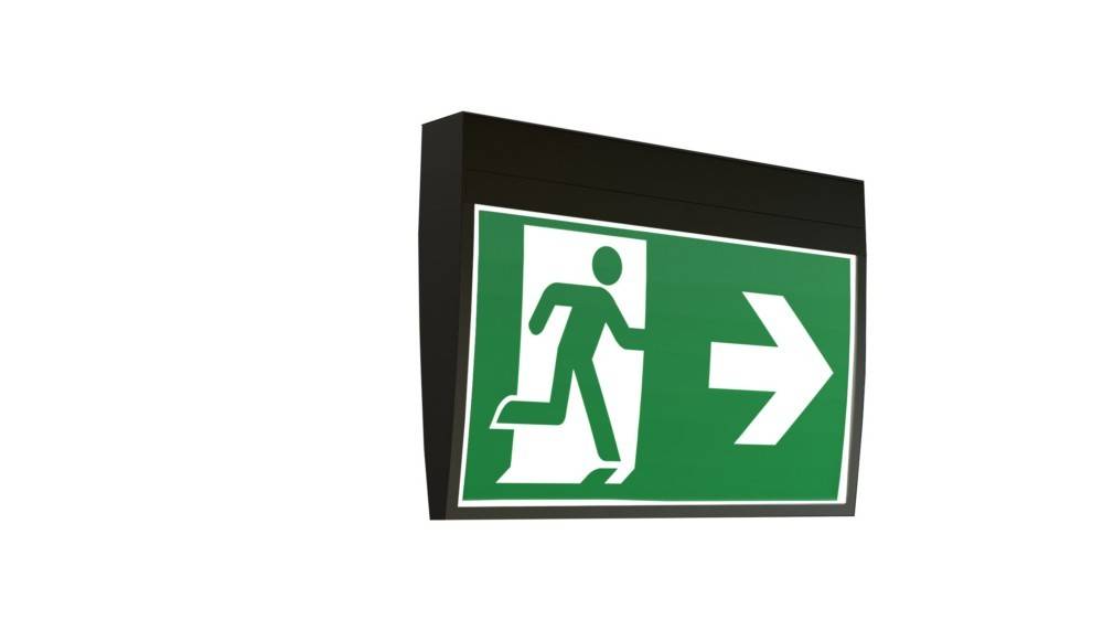 Notausgang-Schild mit einer laufenden Person, die auf einen Pfeil nach rechts zeigt