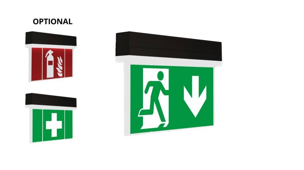 Notausgang-Schild mit einer laufenden Person durch eine Tür und einem nach unten weisenden Pfeil, der die Richtung zu einem sicheren Ausgang anzeigt.