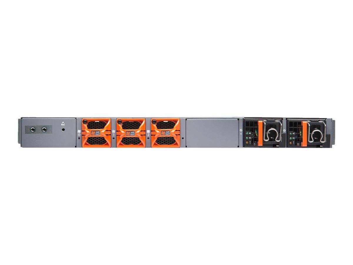 Eine Rückansicht eines rackmontierten Servers mit orangefarbenen Kühlventilatoren und Stromversorgungseinheiten, entwickelt für den Einsatz in Rechenzentren.