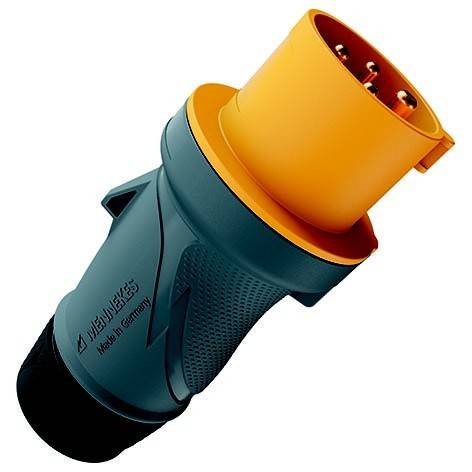 Orange- und blaugrüner Industrie-Elektrostecker auf weißem Hintergrund.