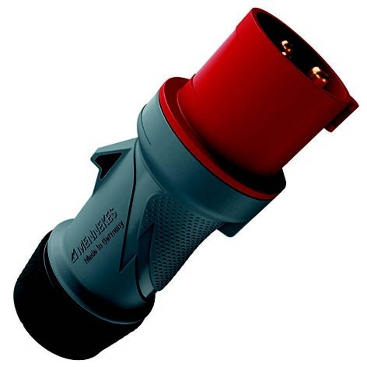 Gewinklter industrieller Elektrostecker mit blaugrauem Gehäuse und roter Kappe auf weißem Hintergrund.