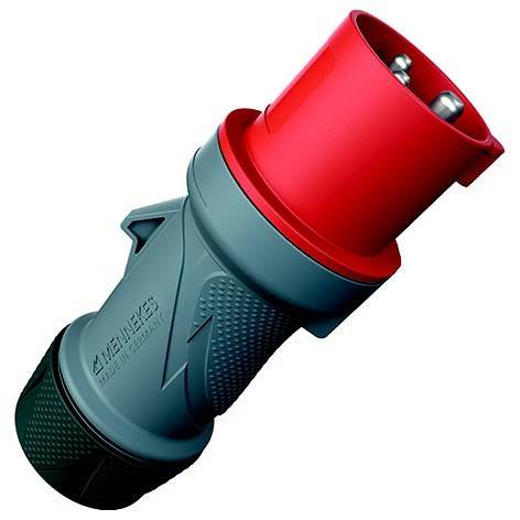 Roter Industrie-Stromstecker mit blaugrauem Gehäuse und schwarzem Kabelgriff, dargestellt auf weißem Hintergrund.