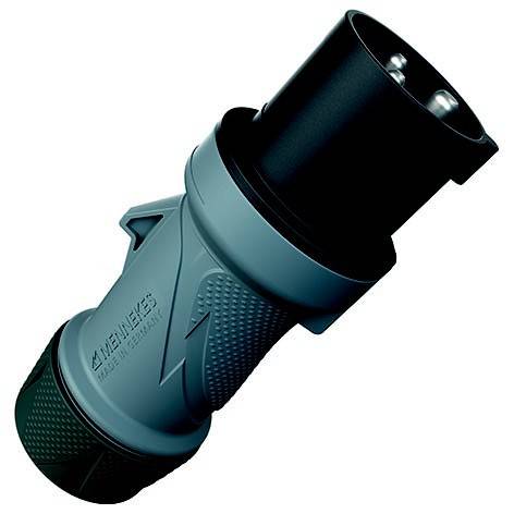 Blau-schwarzer Industrie-Stromstecker auf weißem Hintergrund.