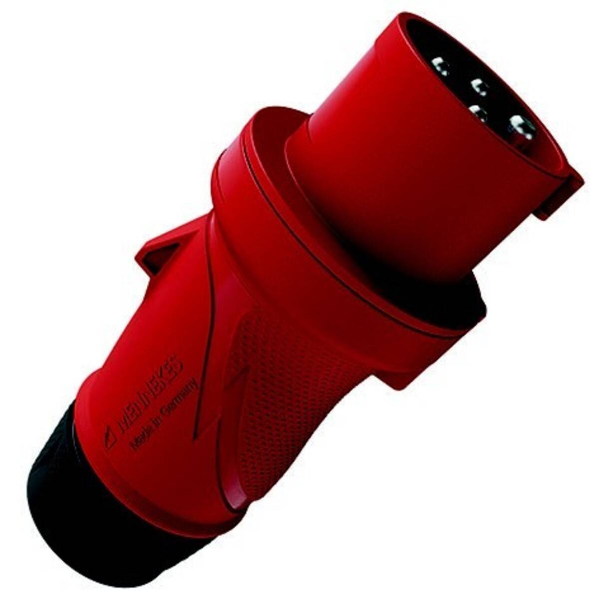 Roter Industrie-Stecker mit schwarzer Spitze, auf weißem Hintergrund dargestellt.