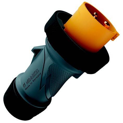 Elektrischer Industrie-Steckverbinder mit orangefarbener Kappe an einem blau-schwarzen Kabelende, freigestellt auf weißem Hintergrund.