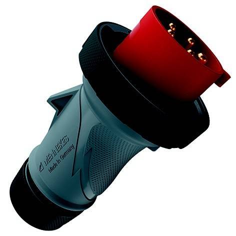 Blauer industrieller elektrischer Stecker mit roter Steckerkappe, isoliert auf weißem Hintergrund dargestellt.
