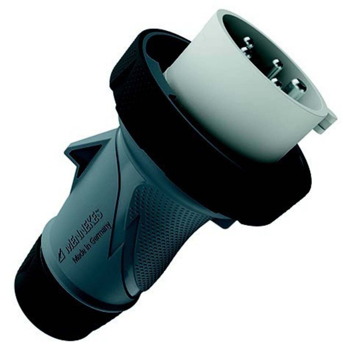 Ein blau-schwarzer Mehrpin-Elektrostecker-Adapter auf weißem Hintergrund.