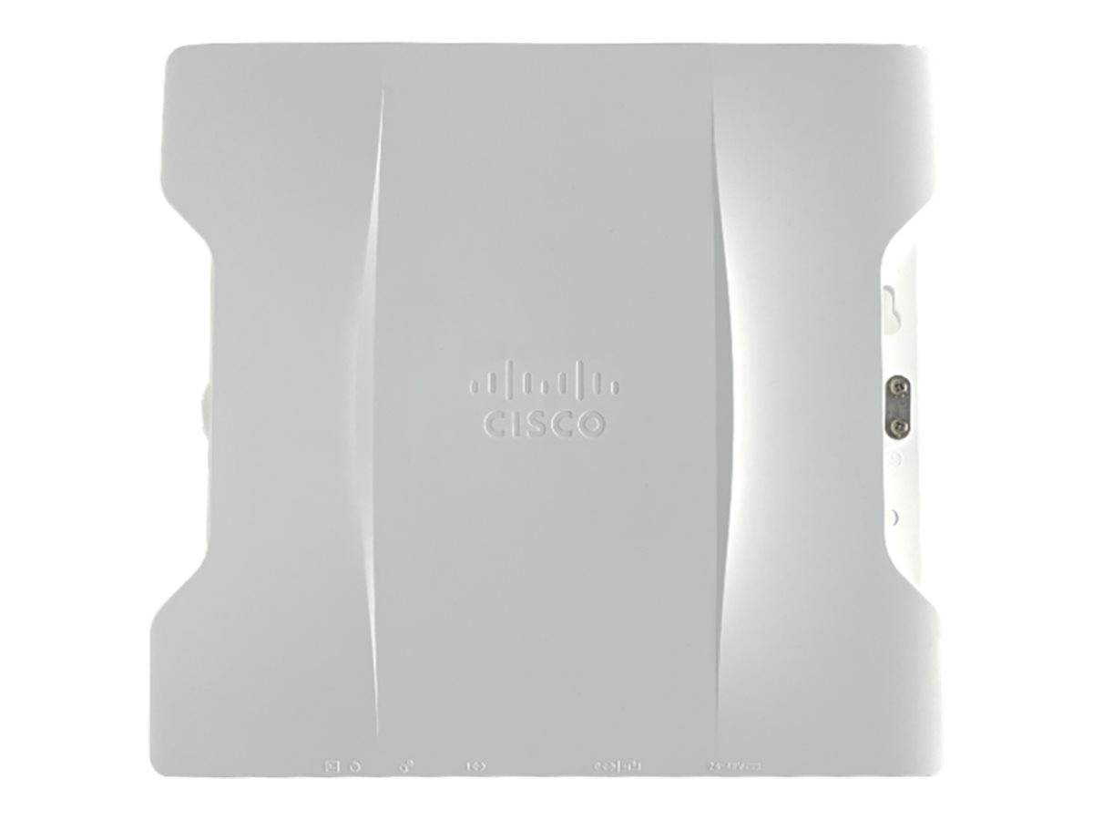 Weißes Cisco-Netzwerkgerät mit zentriertem Cisco-Logo, in Vorderansicht auf einem einfachen Hintergrund dargestellt.