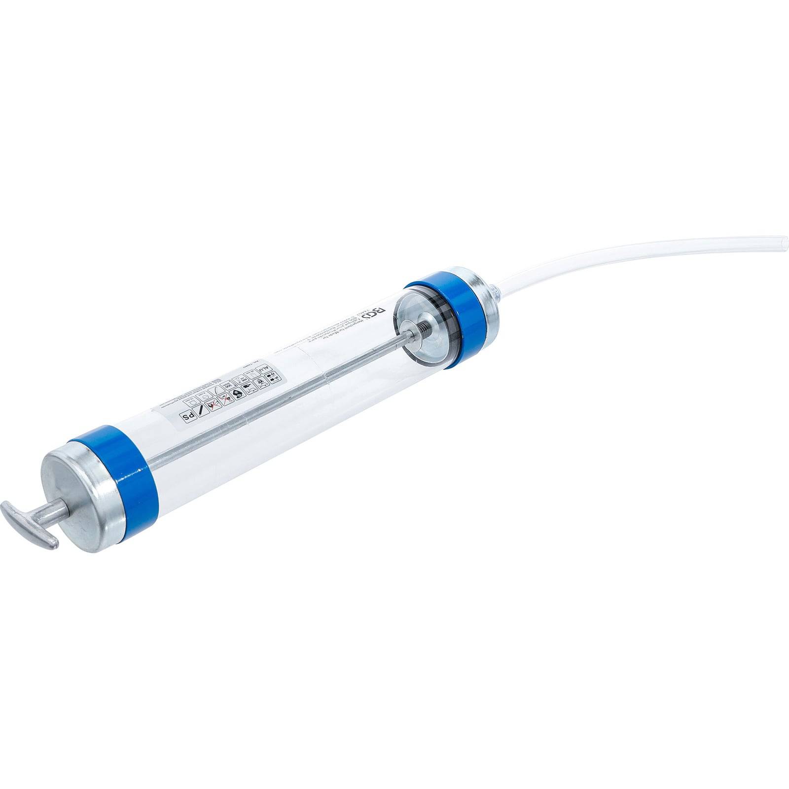 Eine klare zylindrische Spritze mit blauen Akzenten und einem angeschlossenen Schlauch, die zur Flüssigkeitsübertragung oder für medizinische Zwecke verwendet wird.