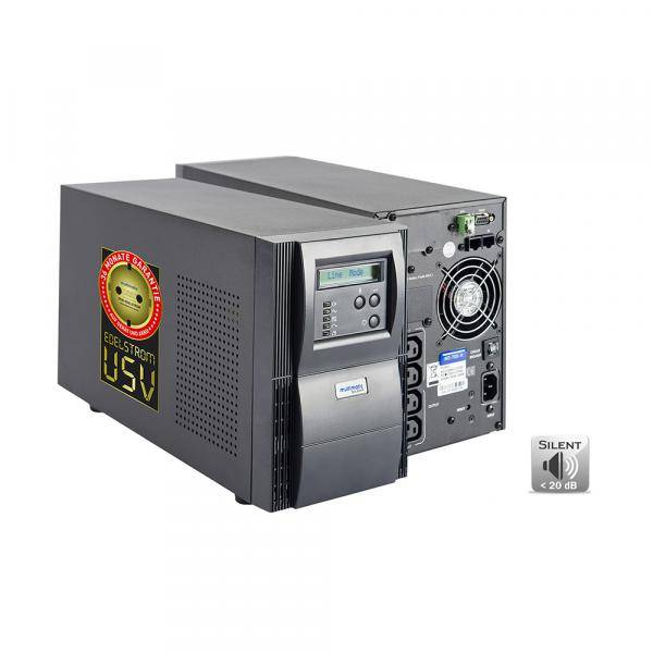 Eine Backup-Stromversorgungseinheit mit digitaler Anzeige und mehreren Steckdosen. Sie ist mit „Silent < 20 dB