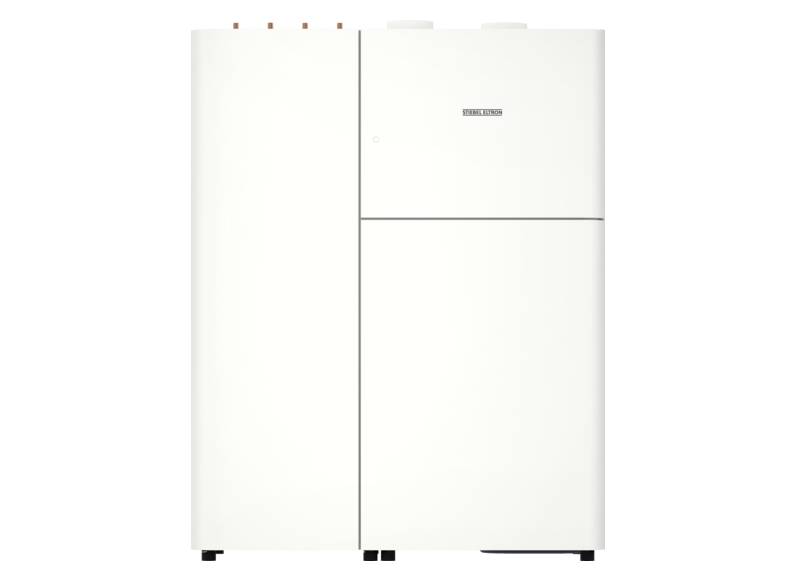 Weißer Frontlader-Kühlschrank mit zwei Türen, einem kleineren Gefrierfach oben rechts, vor schwarzem Hintergrund dargestellt.