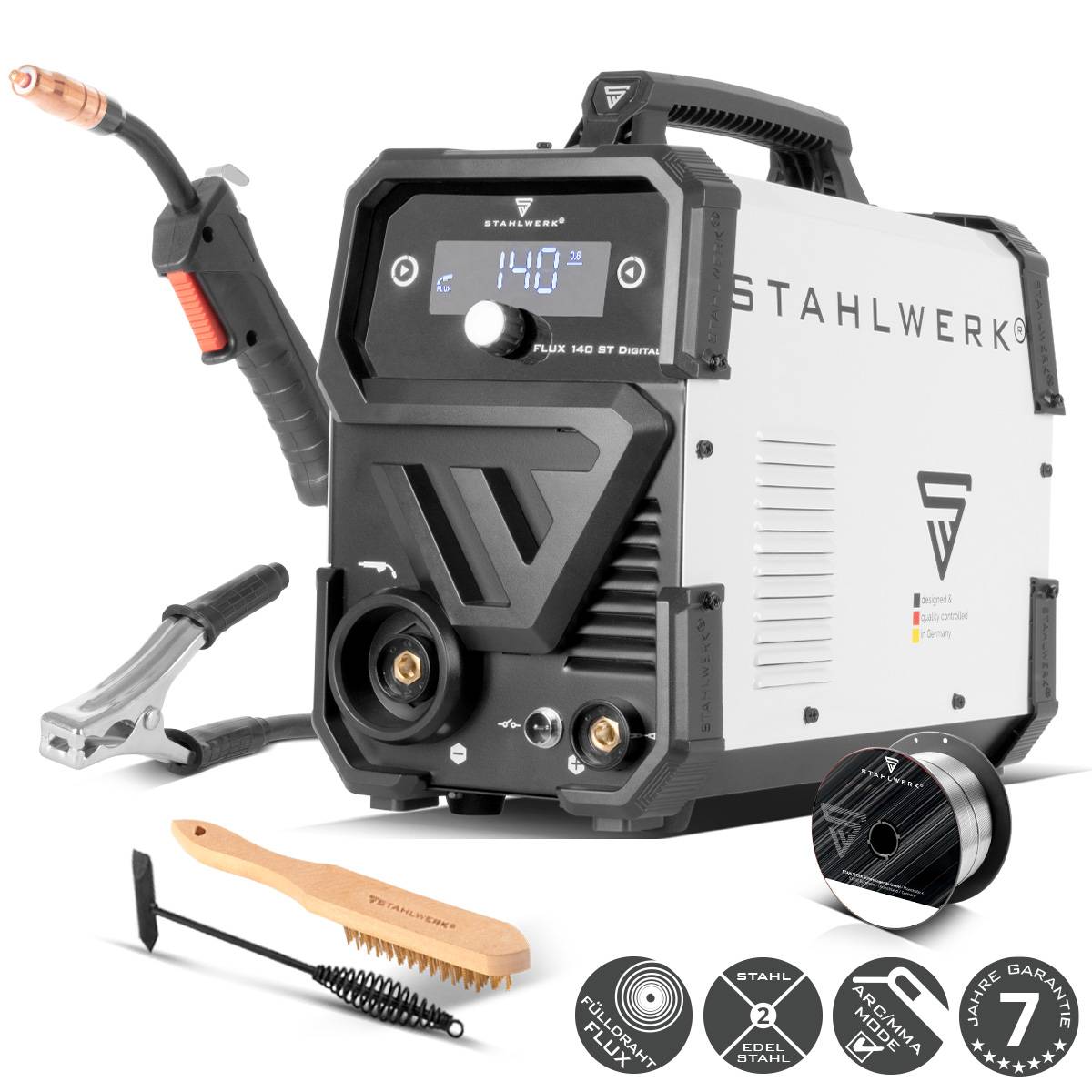 STAHLWERK Schweißgerät FLUX 140 ST Digital mit 140 A, synergischem Drahtvorschub