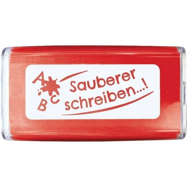 Roter rechteckiger Stempel mit weißem Etikett, auf dem „sauberer schreiben..!