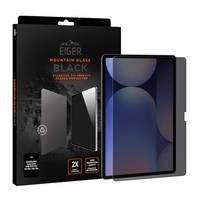 Eiger Mountain Glass Schwarzer Displayschutz Verpackung neben einem Tablet, das den installierten dunkel getönten Displayschutz zeigt.