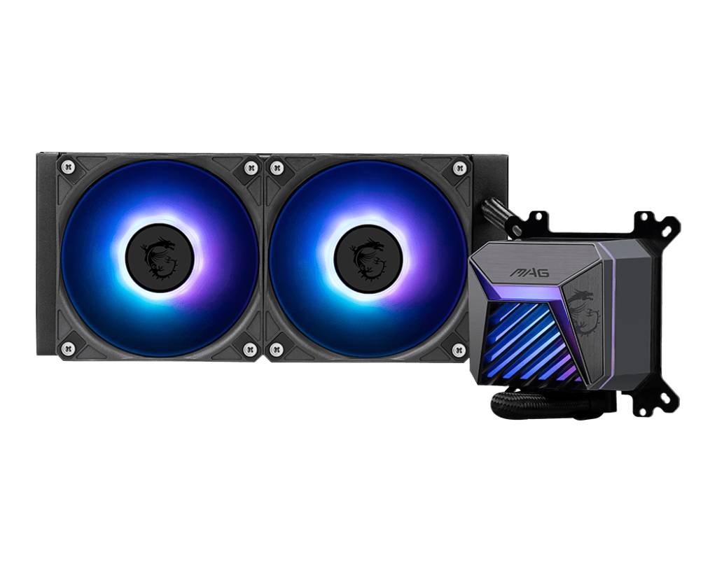 MSI Flüssigkühler für die CPU mit zwei blauvioletten RGB-Lüftern und passendem Pumpenblock auf schwarzem Hintergrund.