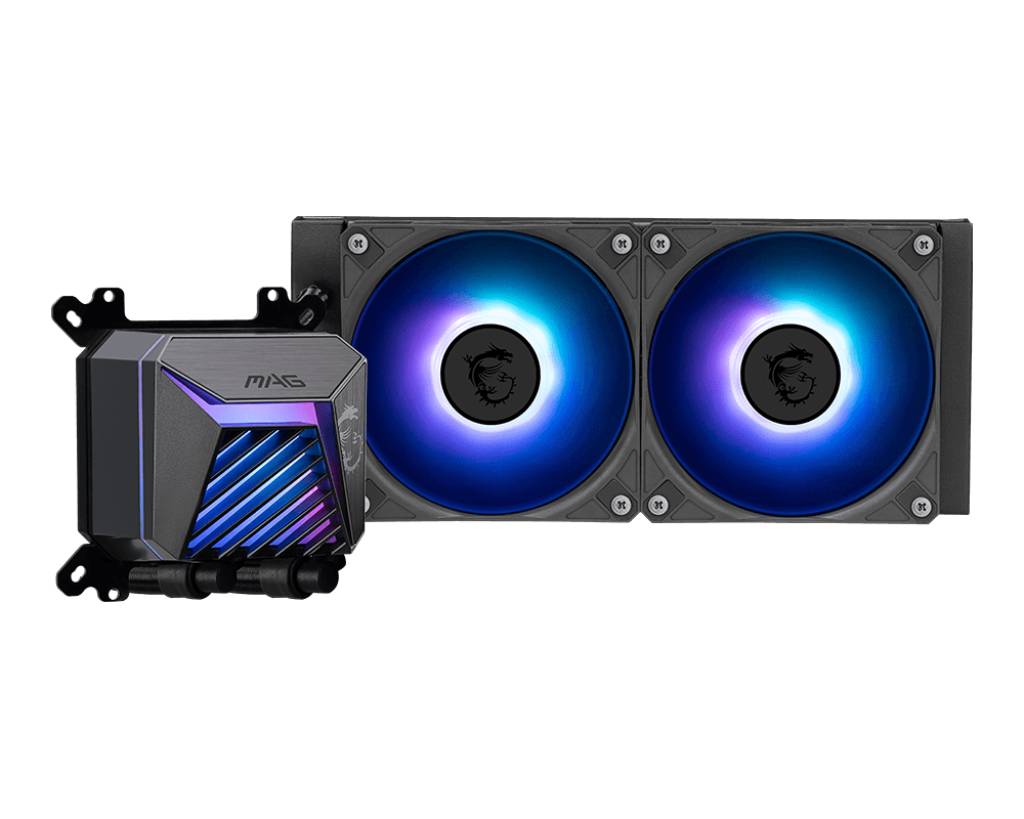 MSI Flüssig-CPU-Kühler mit Pumpblock und dualen RGB-Lüftern auf schwarzem Hintergrund.