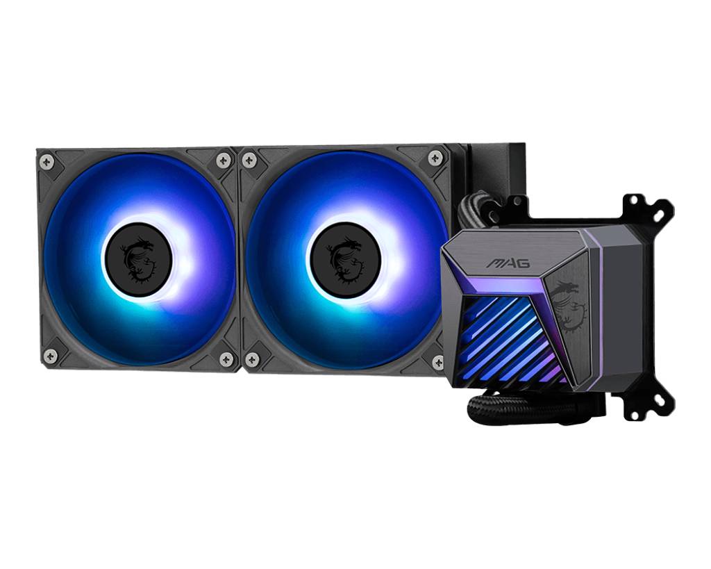 MSI MAG Flüssig-CPU-Kühler mit zwei blauen RGB-Lüftern und einem Pumpenblock auf schwarzem Hintergrund.