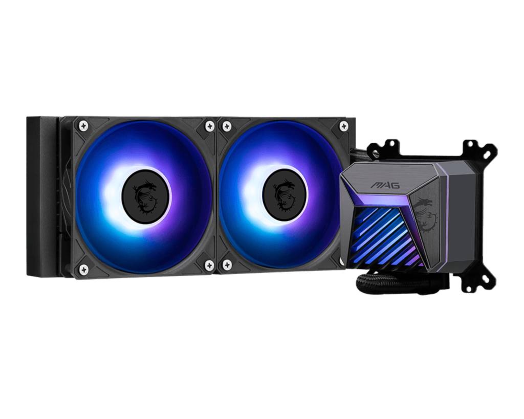 MSI MAG Flüssig-CPU-Kühler mit zwei blauen RGB-Lüftern und einem Pumpenblock vor schwarzem Hintergrund.
