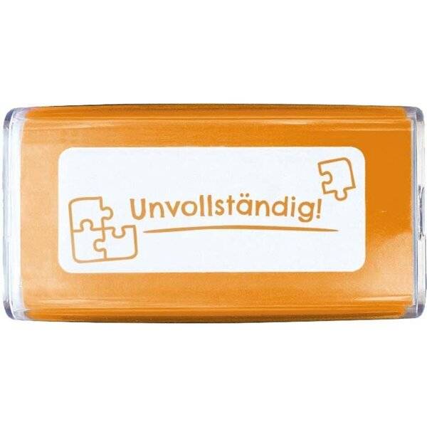 Orangerechteckiger Stempel mit Puzzleteil-Symbol und dem deutschen Wort "Unvollständig!"" auf weißem Etikett