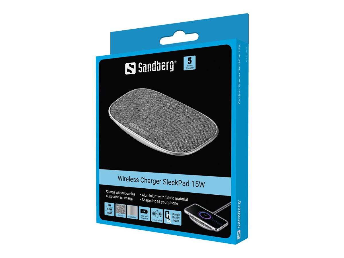 Sandberg Wireless-Ladegerät SleekPad 15W Produktverpackung mit einem grauen ovalen kabellosen Ladegerät für Smartphones.