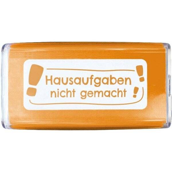 Oranger Stempel mit dem deutschen Text „Hausaufgaben nicht gemacht!