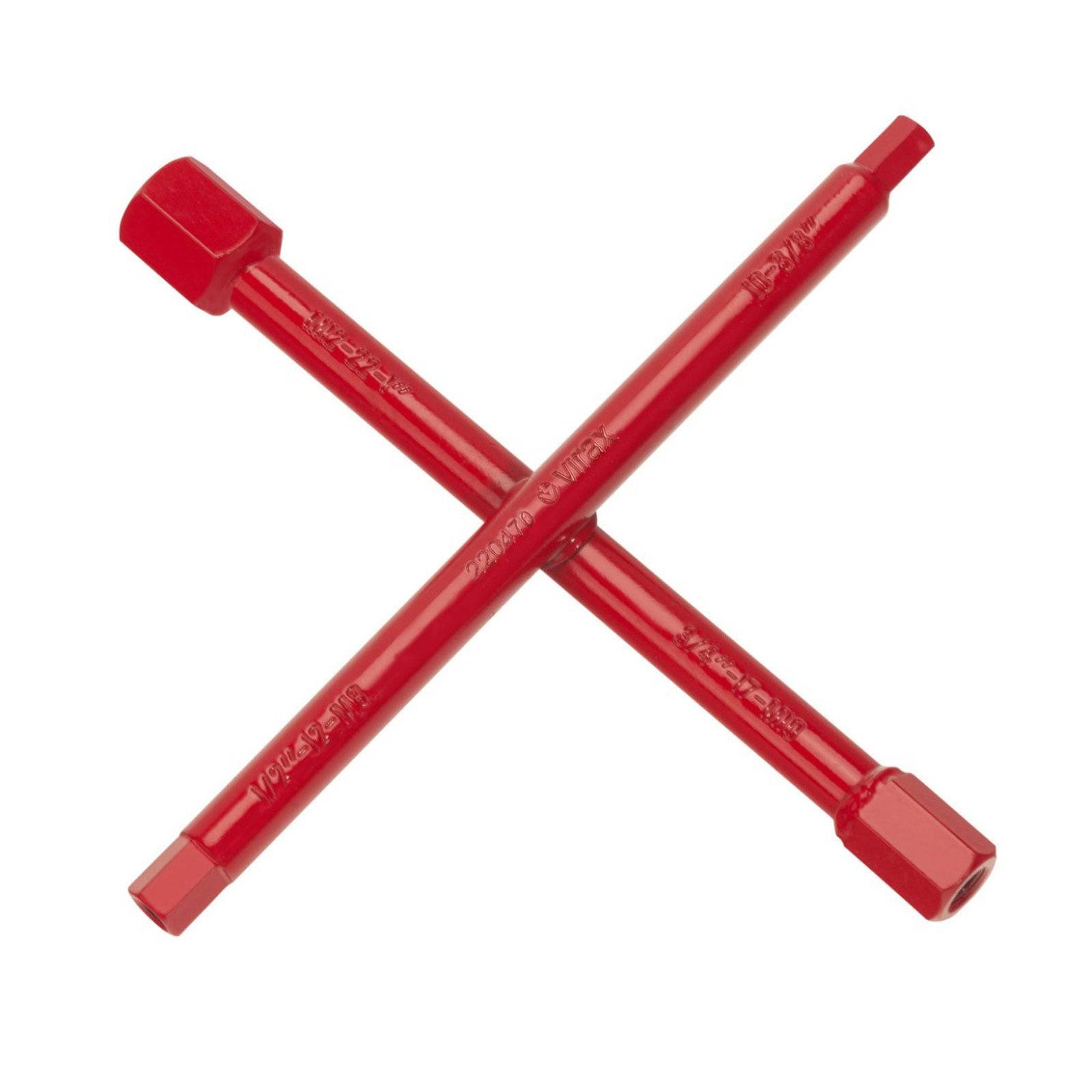 Ein roter, doppelseitiger Ventilschlüssel, in X-Form angeordnet, zum Öffnen und Schließen von Heizkörperventilen.