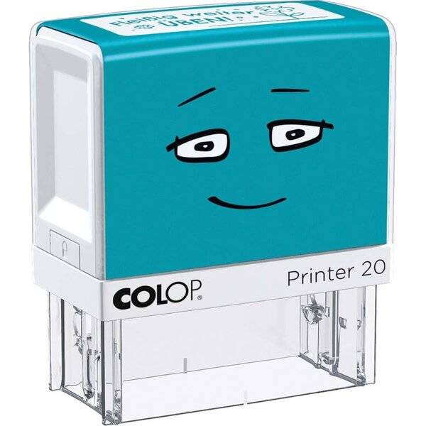 Türkisfarbener selbstfärbender COLOP-Stempel mit Cartoon-Gesicht, beschriftet mit „Printer 20