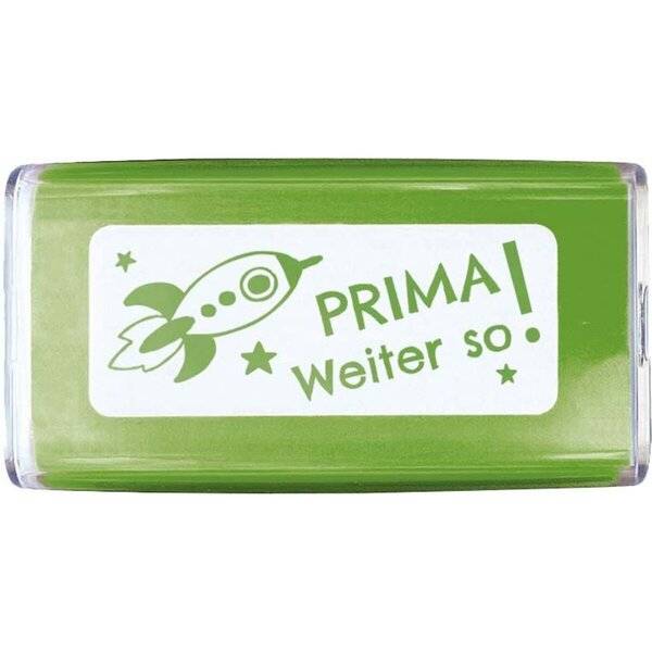 Grüner rechteckiger Stempel mit einem Raketensymbol und dem Text „PRIMA! Weiter so!