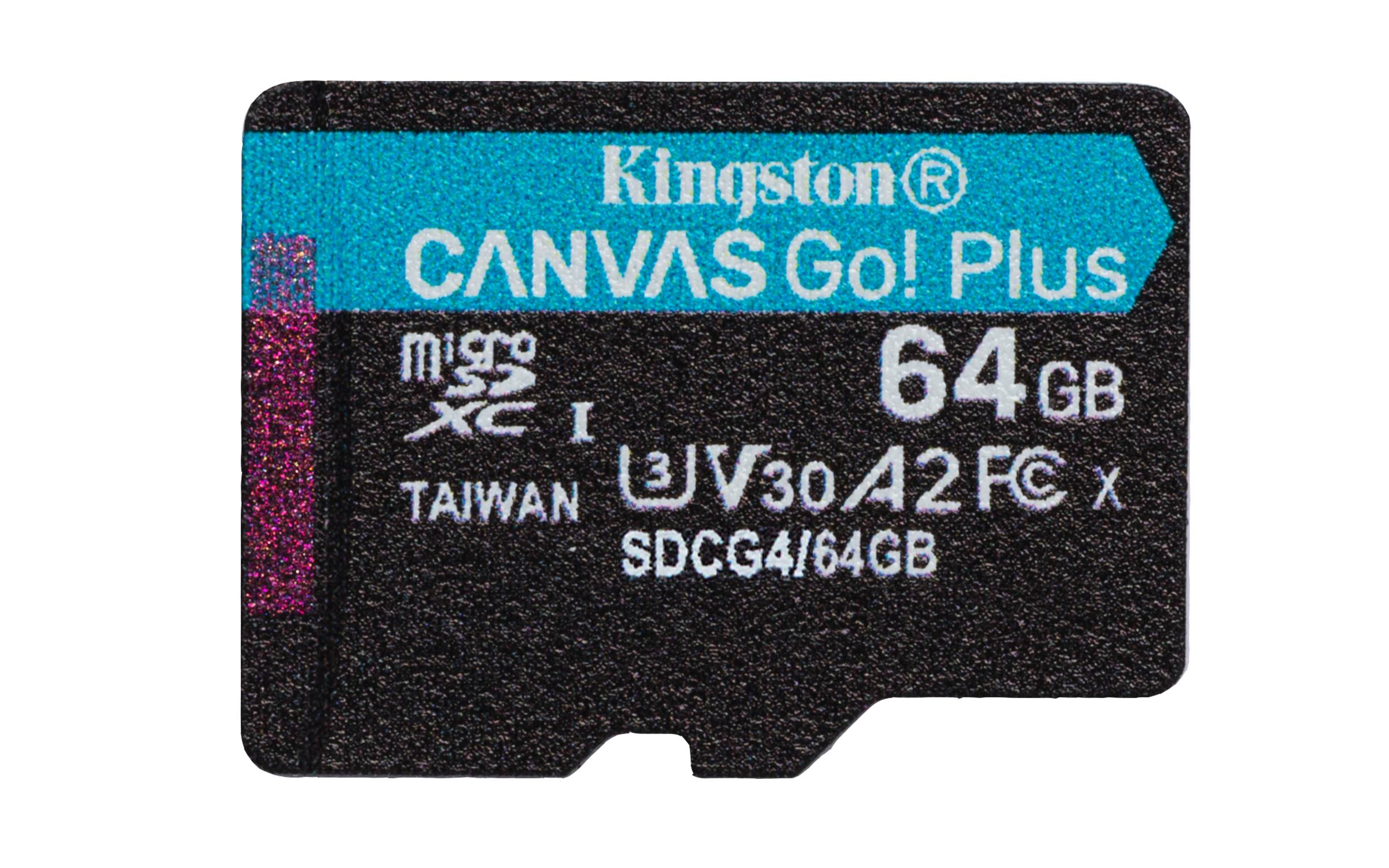 Kingston Technology 64GB microSDXC Canvas Go Plus Gen4 200 MB/s A2 U3 V30-Karte + Adapter, 64 GB, MicroSD, Klasse 10, UHS-I, 200 MB/s, 100 MB/s