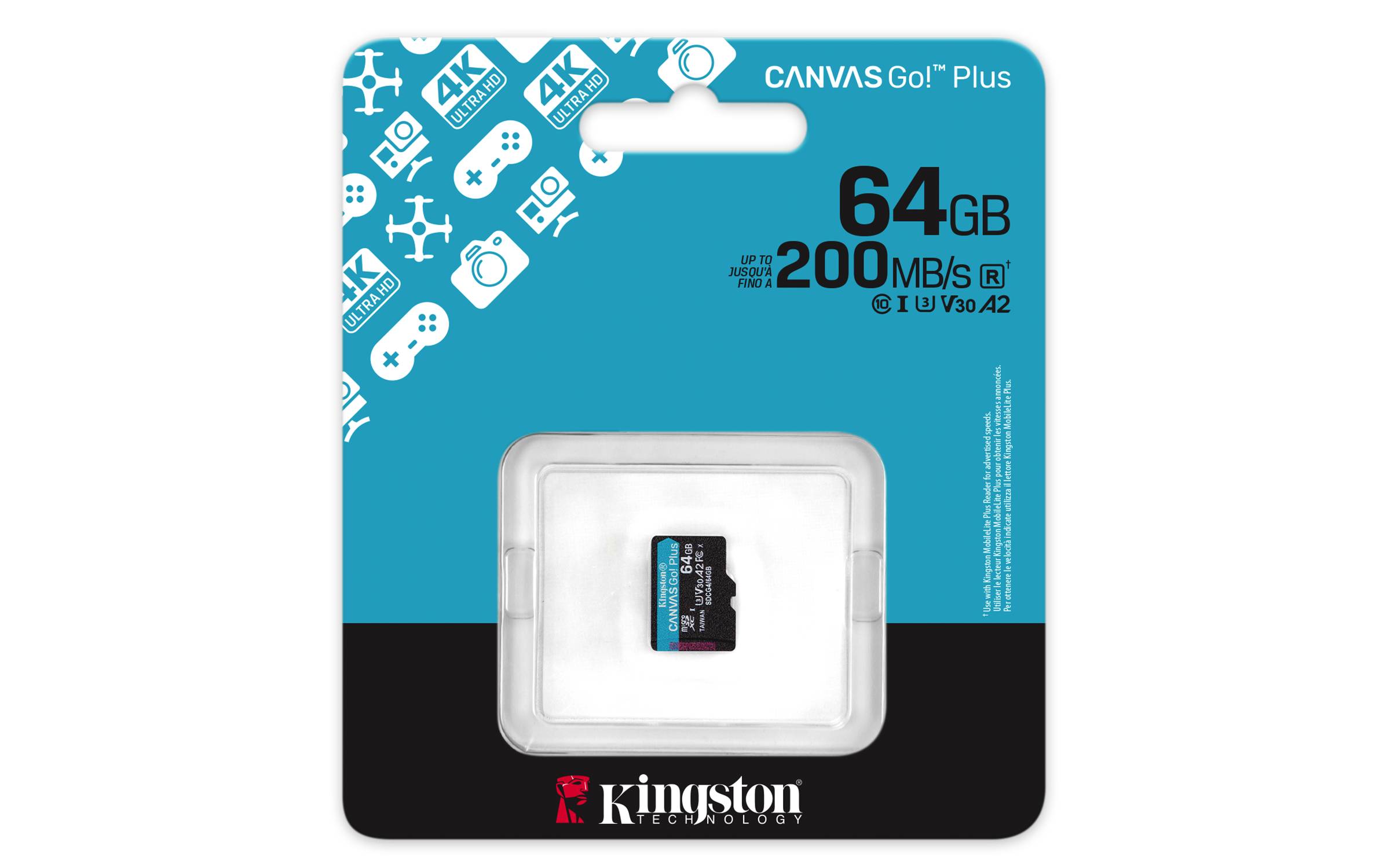 Kingston Canvas Go! Plus 64GB SD-Speicherkarte, gekennzeichnet mit 200MB/s U3 V30 A2.