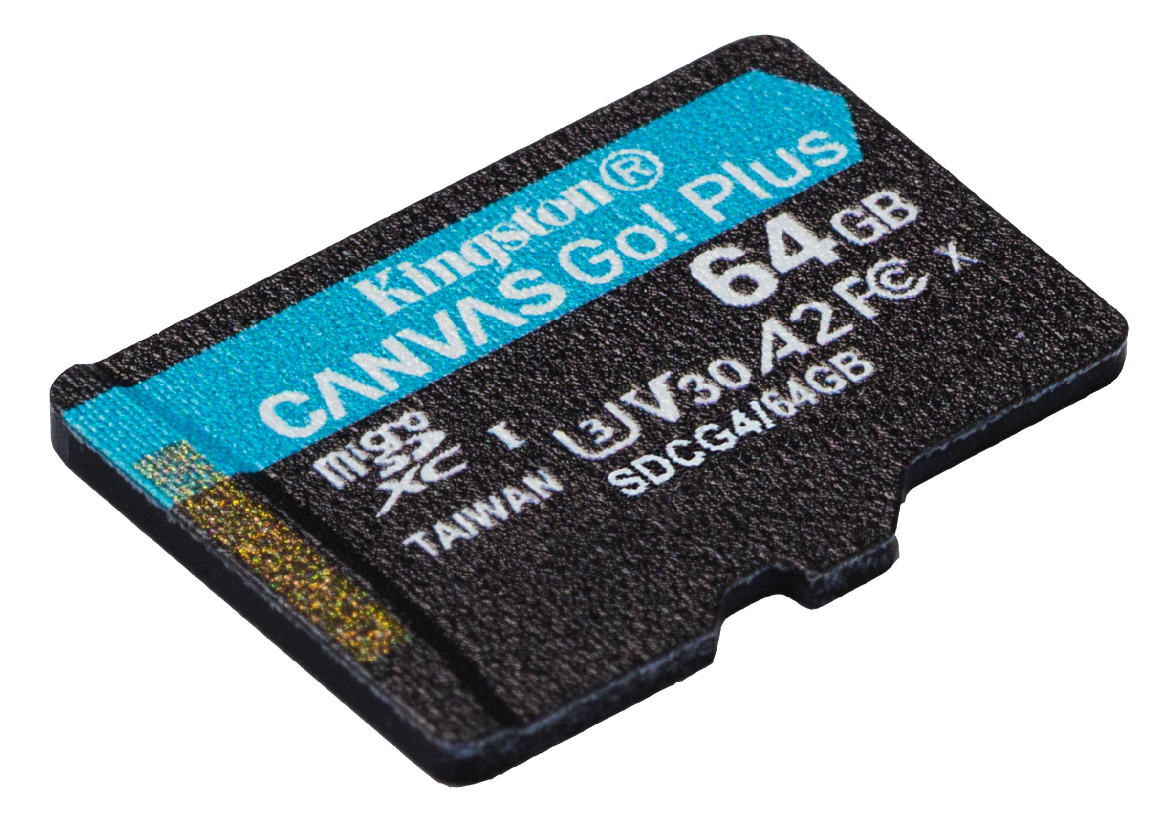 Kingston Technology 64GB microSDXC Canvas Go Plus Gen4 200 MB/s A2 U3 V30-Karte + Adapter, 64 GB, MicroSD, Klasse 10, UHS-I, 200 MB/s, 100 MB/s