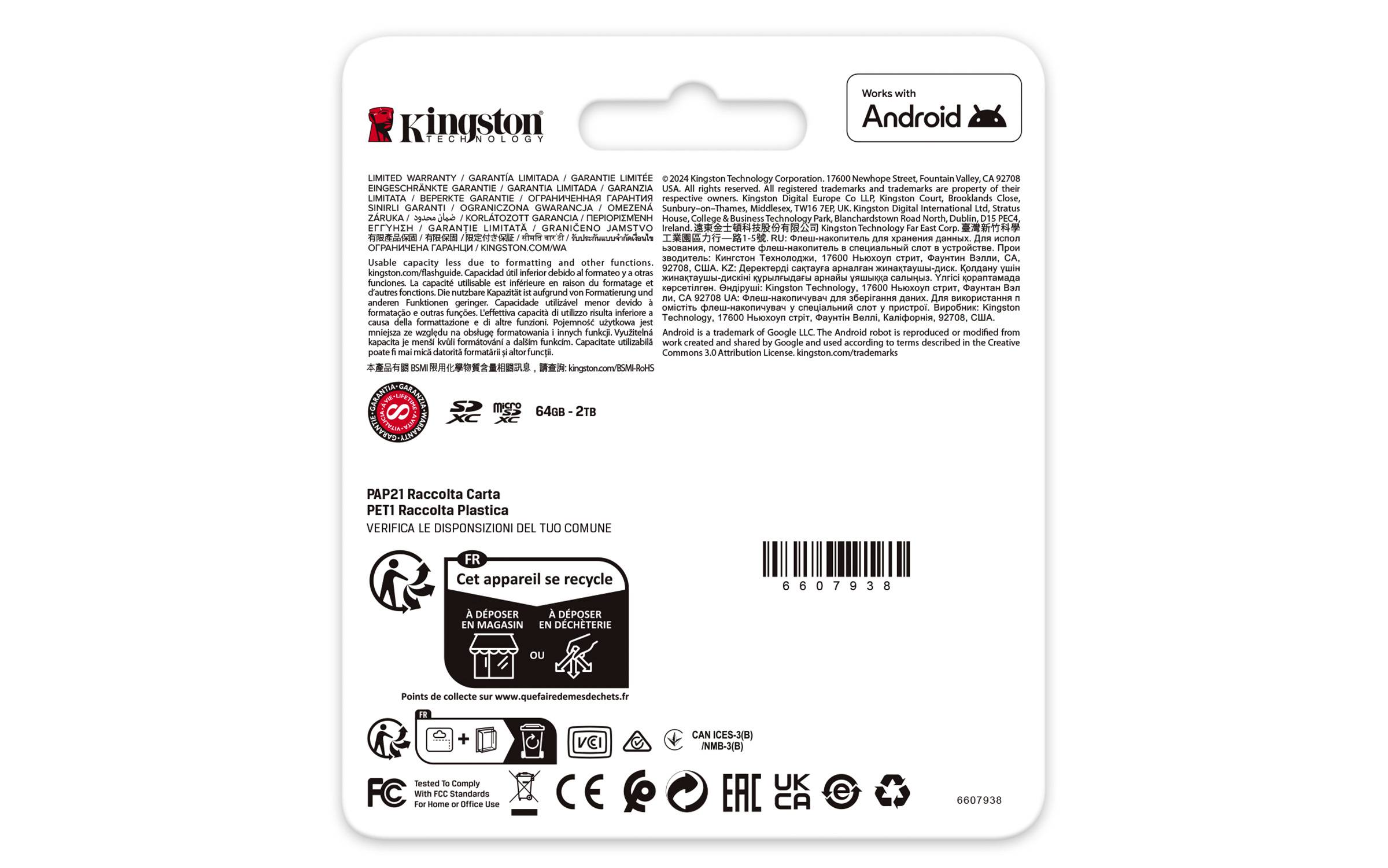Rückseite einer Kingston Android-Speicherkarte-Verpackung mit Produktdetails, Recyclinganweisungen, Zertifizierungssymbolen und einem Barcode.