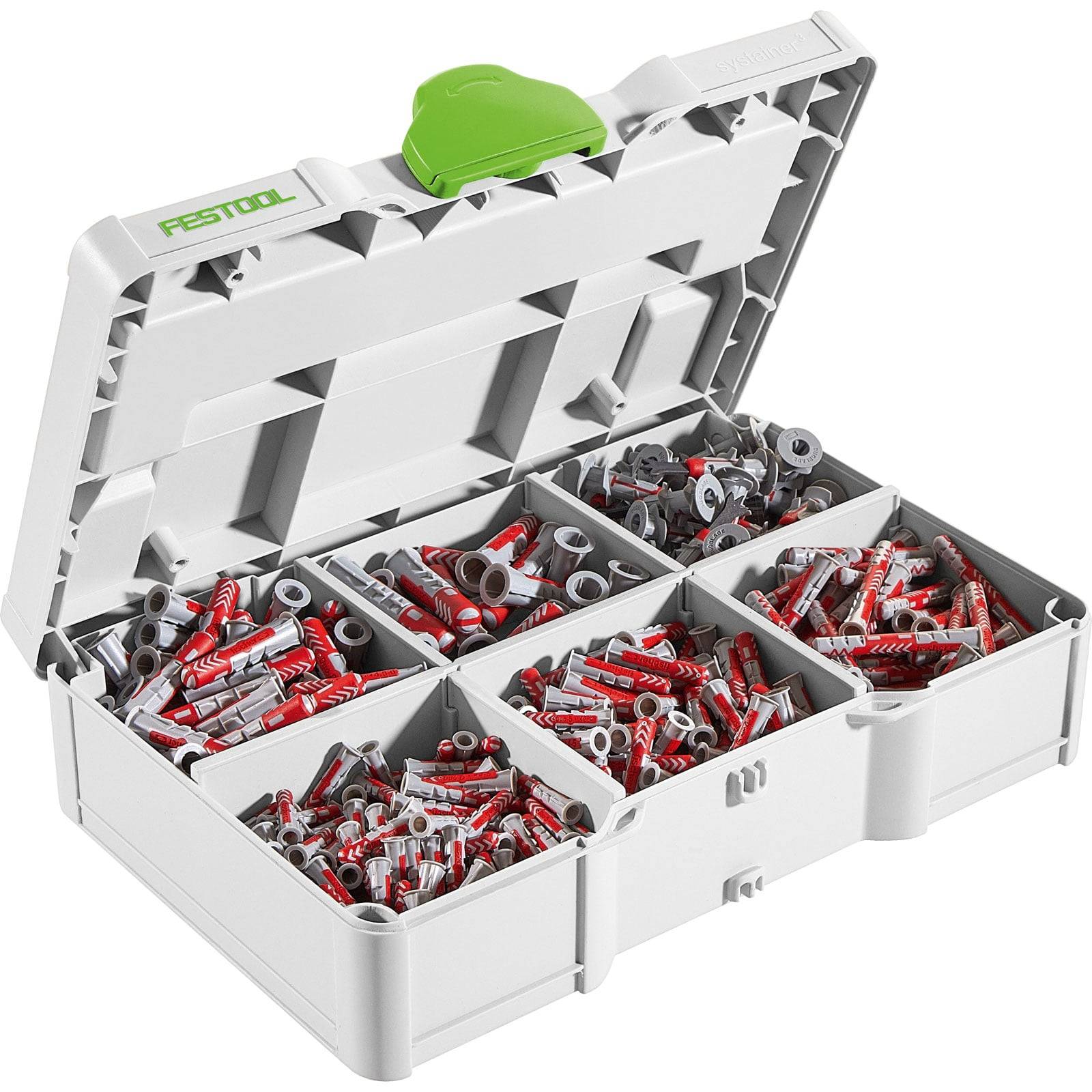 Eine offene Box mit gemischten Dübeln, die in Fächer sortiert sind und verschiedene Größen und Farben zeigen, mit einem grünen Verschluss oben.