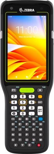 Tragbarer Zebra-Barcode-Scanner mit Touchscreen, der 11:00 Uhr anzeigt und eine leuchtend orange abstrakte Tapete hat, plus physische Tastatur darunter.