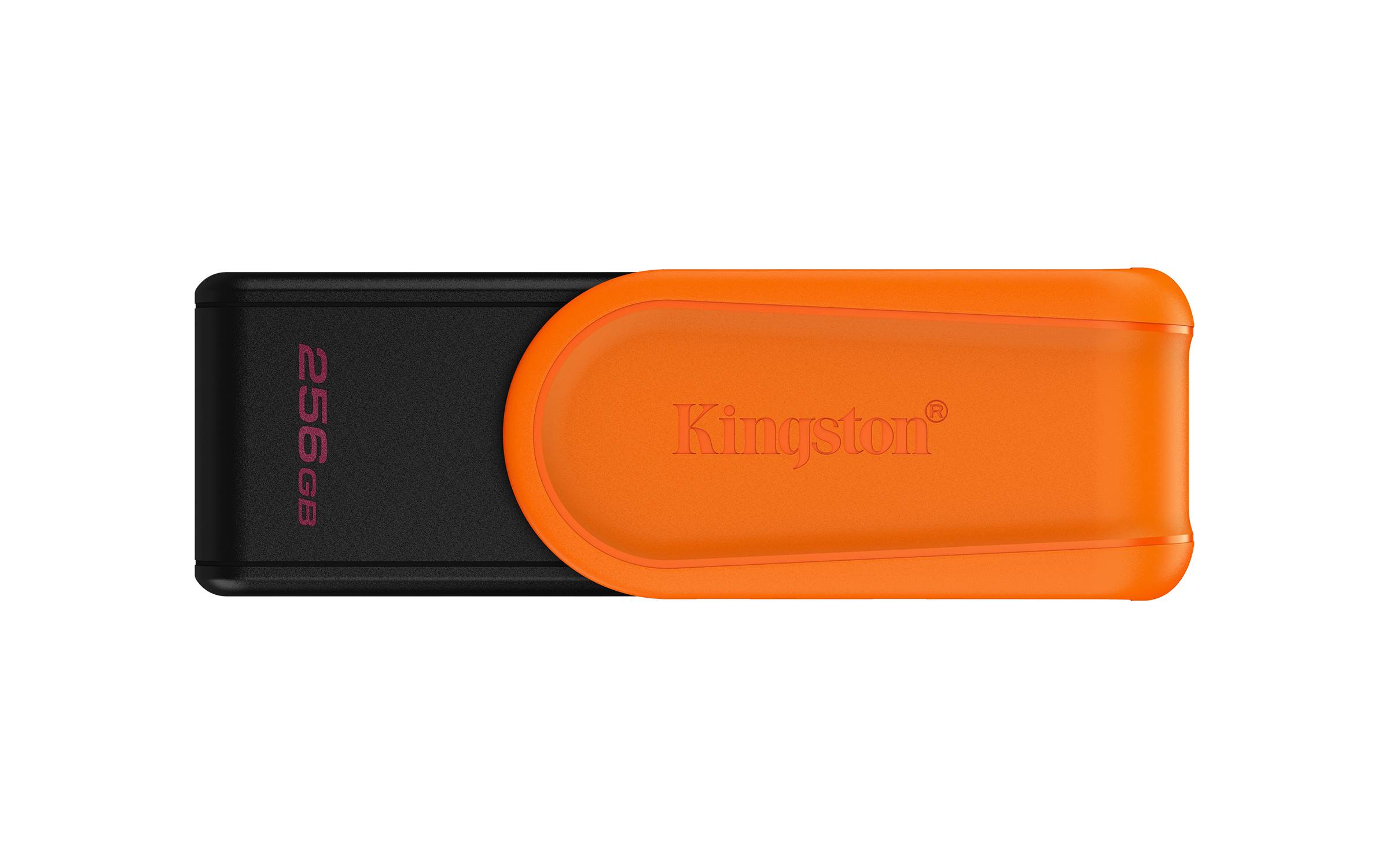 Orange-schwarzes Kingston 256GB USB-Speicherlaufwerk auf weißem Hintergrund.