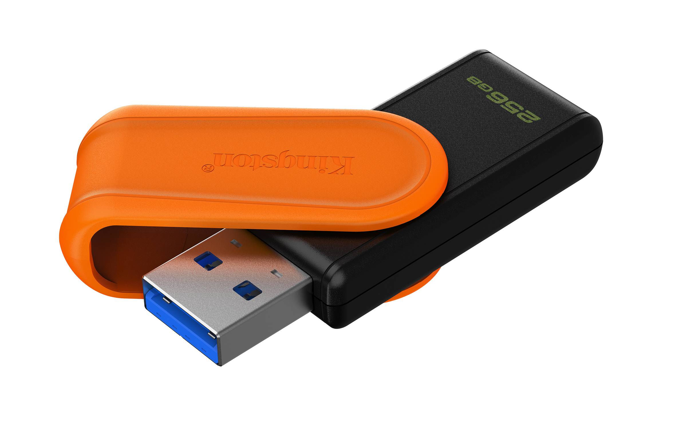 Schwarzer USB-Speicherstift mit orangefarbener Schiebkappe, die den USB-Anschluss freilegt, auf weißem Hintergrund gezeigt.