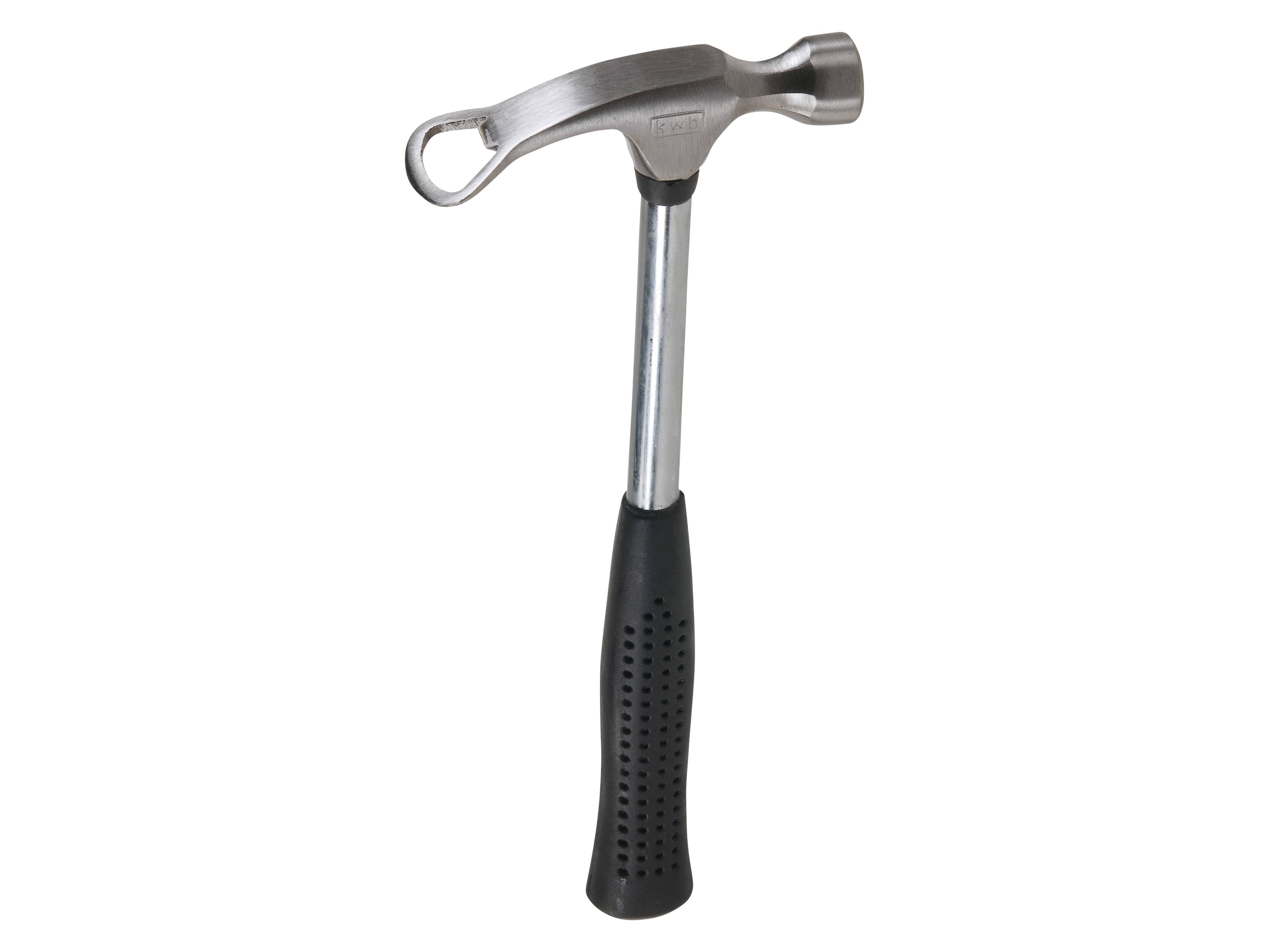 Ein Metallhammer mit schwarzem, strukturiertem Gummigriffgriff, mit Klaue und rundem Kopf für allgemeine Schreinerei.