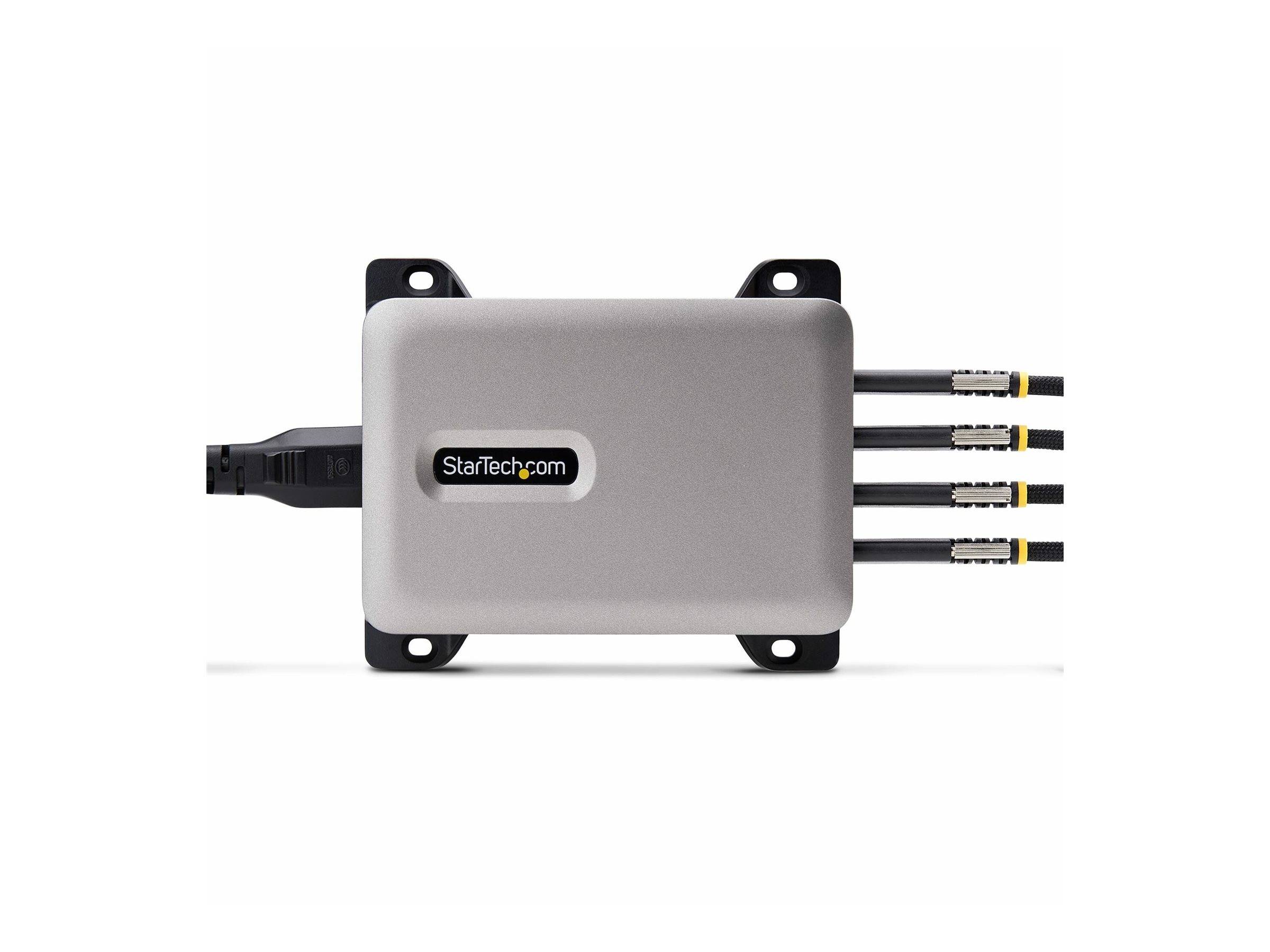 Ein StarTech.com Hub mit einem Kabel, das links angeschlossen ist, und drei Kabeln, die rechts angeschlossen sind, zeigt Strom- und Datenkonnektivität.