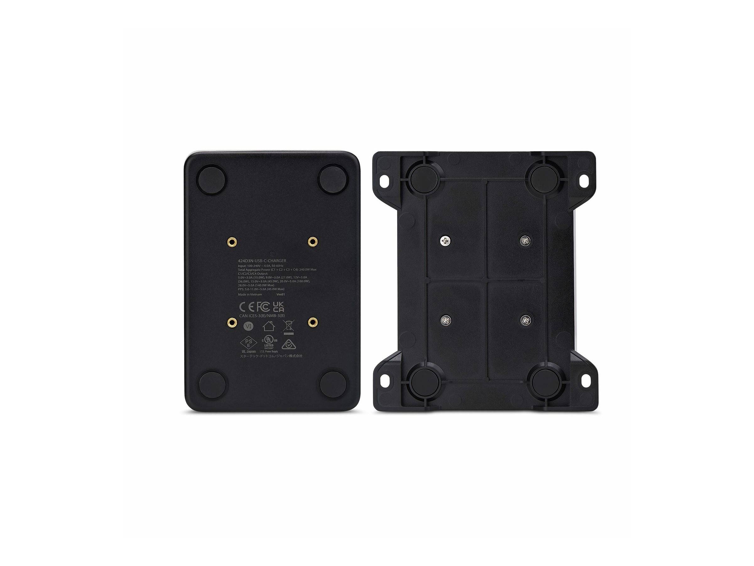 Zwei schwarze rechteckige elektronische Geräte, von hinten gezeigt, die Anschlüsse, Tasten und regulatorische Symbole aufweisen.